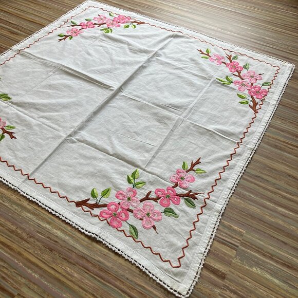 Cherry Blossom Hand Embroidered Square Tablecloth 32" White Cotton Fabric - Picture 1 of 4